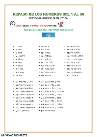 Repaso de numeros del 1 al 50