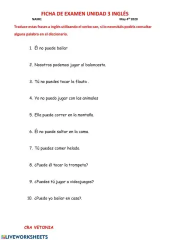 Ficha MAYO EXAMEN ingles 3º