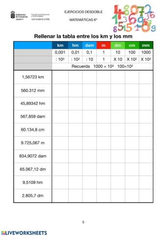 Rellenar entre kilómetros y milímetros