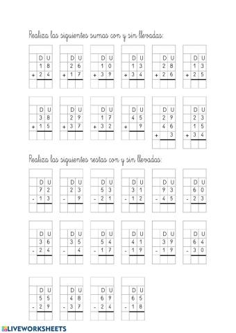 Sumas y restas llevadas números 2 cifras