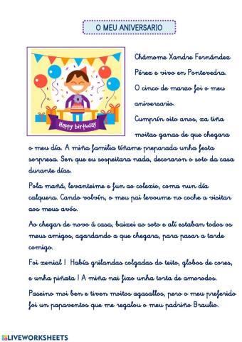 Comprensión lectora. O MEU ANIVERSARIO.