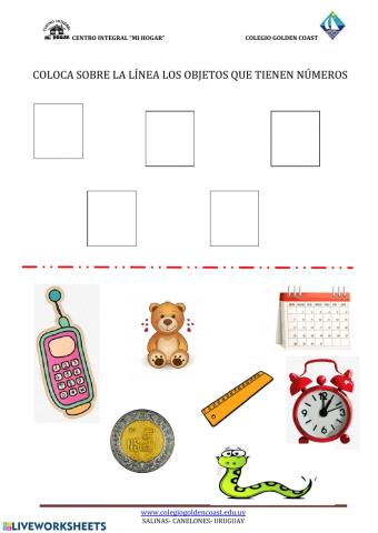 COLOCA SOBRE LA LÍNEA LOS OBJETOS QUE TIENEN NÚMEROS
