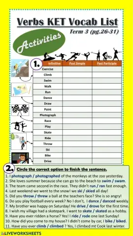 Verbs - Vocab list KET term 3 - part 2