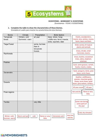 Ecosystem - biomes (worksheet 3)