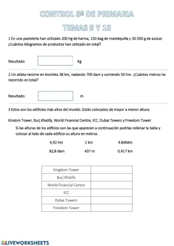 Control 6º Matemáticas temas 9 y 10
