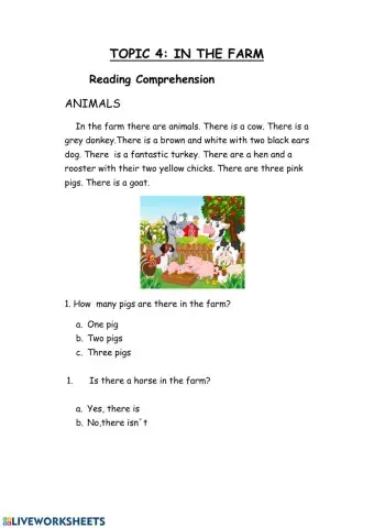 Farm animals reading comprehension