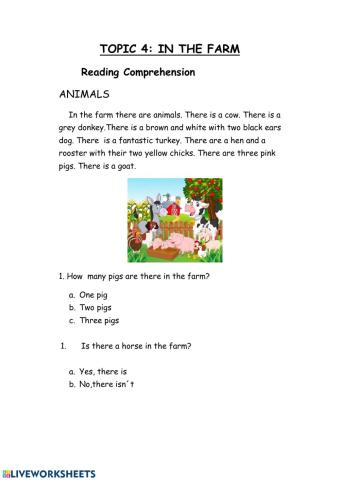 Farm animals reading comprehension