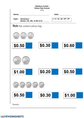Money Tick Worksheet - 10c, 20c, or 50c to -1 D, L, Y