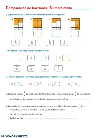 Comparación de fracciones y números mixtos
