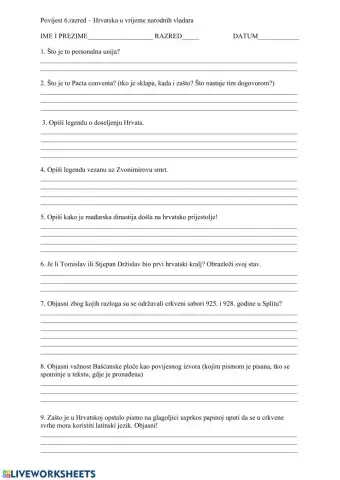2. pisana provjera znanja - 6. razred - Hrvatska u vrijeme Trpimirovića