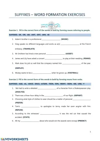 Suffixes - word formation exercises