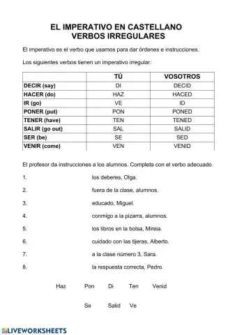 Imperativo Irregular Castellano