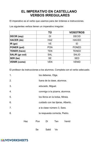 Imperativo Irregular Castellano