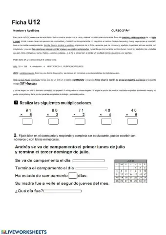 El calendario y las Multiplicaciones hasta 6