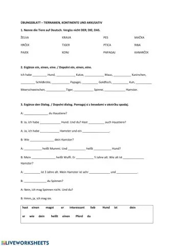 Tiere - Wiederholungsübungen