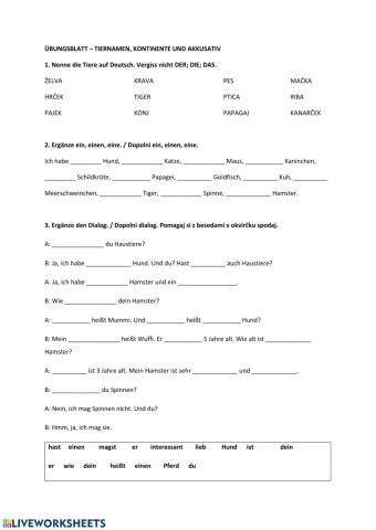 Tiere - Wiederholungsübungen
