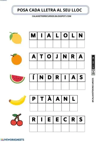 Posa cada lletra al seu lloc (fruites)