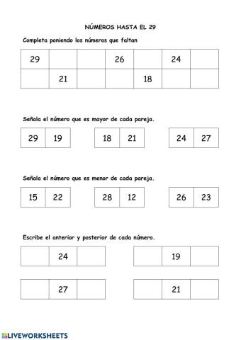 Numeración hasta el 29