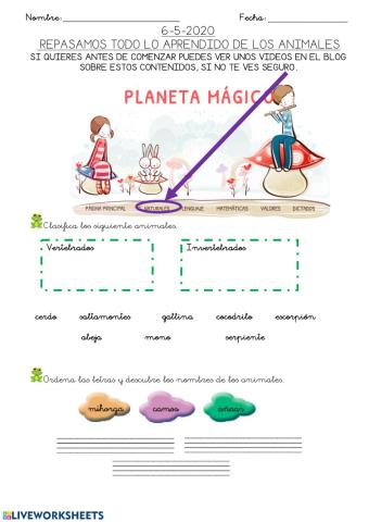 Hoja 8: REPASO animales vertebrados e invertebtrados 6-5