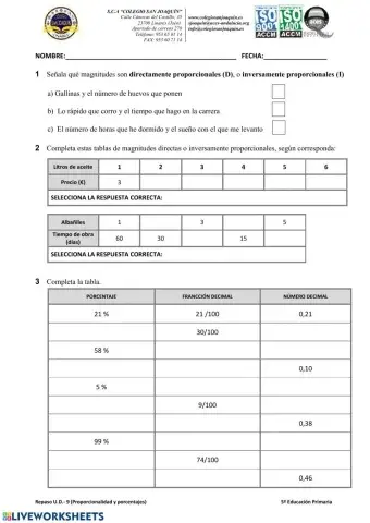 Repaso proporcionalidad y porcentajes