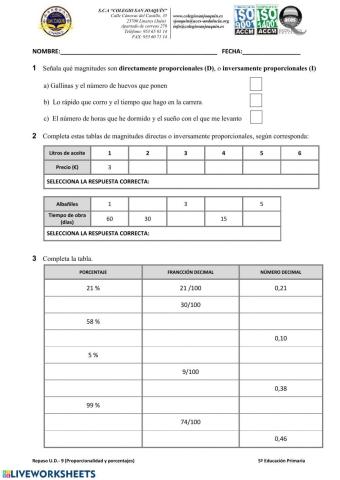 Repaso proporcionalidad y porcentajes