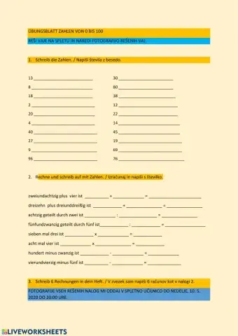 Zahlen von 0 - 100 Übung