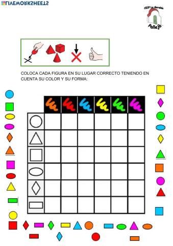 Coloca las figuras según su forma y color.