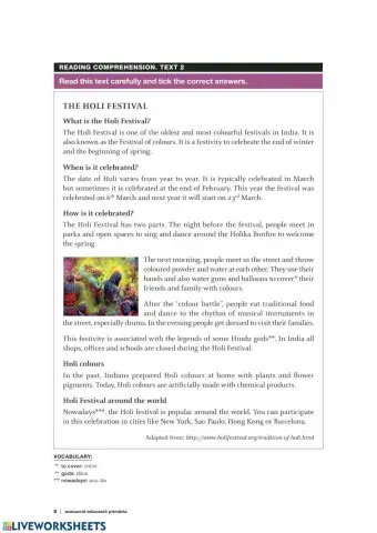 Reading comprehension. The holi festival