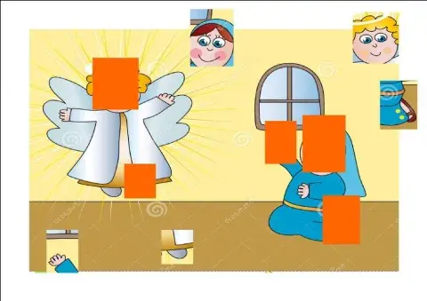 La anunciación. El ángel Gabriel le dice a María que va a tener un bebé, Jesús.