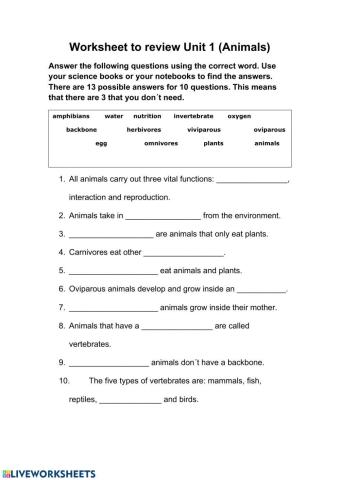 Animals Unit 1 Science
