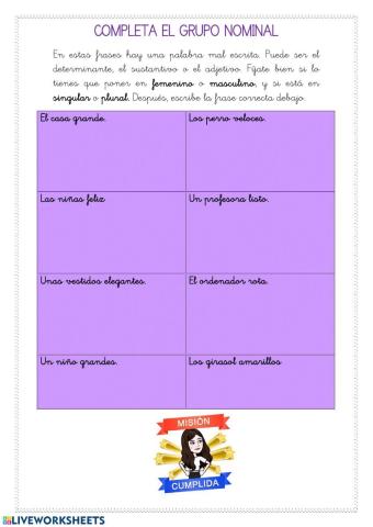 Completa el grupo nominal