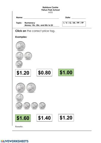 Money Click Worksheet - 10c, 20c, and 50c to -2 R