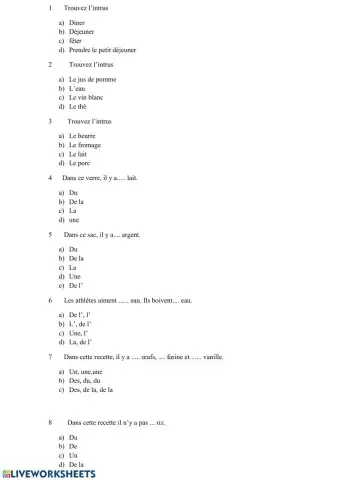 Test alimentation, articles partitifs, passé composé
