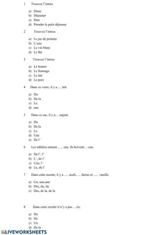 Test alimentation, articles partitifs, passé composé