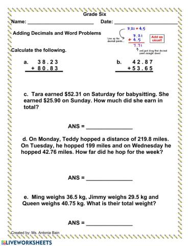 Adding Decimals with Word Problems