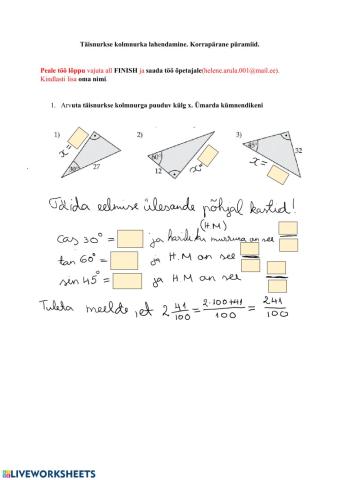 Siinus, koosinus ja tangensi kasutamine täisnurkses kolmnurgas
