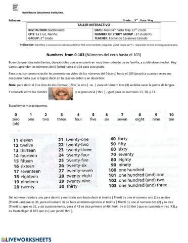 Numbers  from 0-103 (Números del cero hasta el 103)