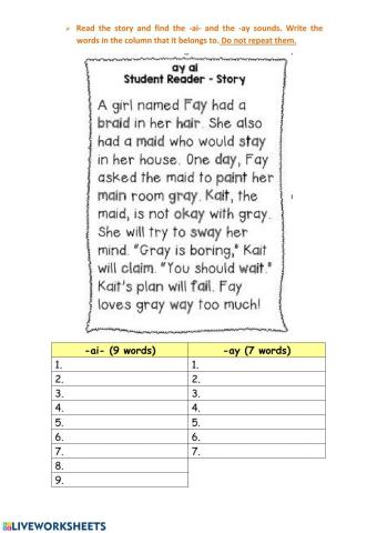 Liveworksheets- find the ai and ay digraphs