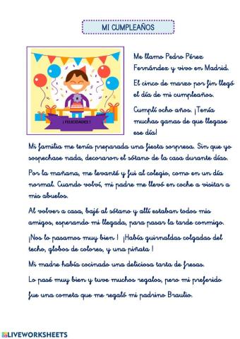 Comprensión lectora. mi cumpleaños