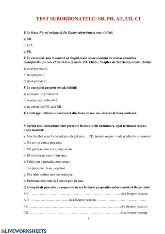 TEST: Subordonatele SB, PR, AT, CD, CI