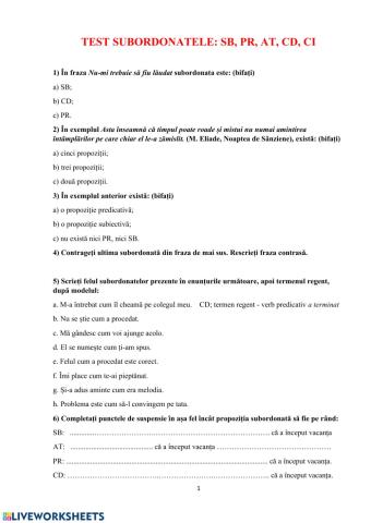 TEST: Subordonatele SB, PR, AT, CD, CI