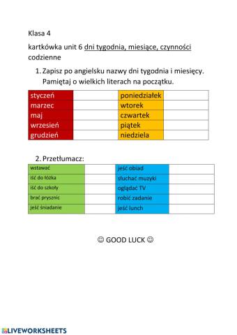 Months , days of the week, everyday activities