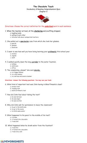 Chocolate Touch Book: Chapter 5 Vocabulary and Comprehension
