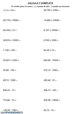 Productos y divisiones por la unidad seguida de ceros 1