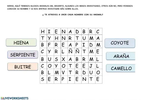 Sopa de letras. Animales del Desierto