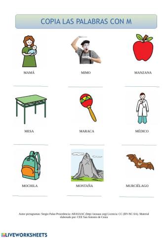 Copia las palabras con m