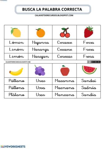 BUSCA LA PALABRA FRUTAS (Minuscula)