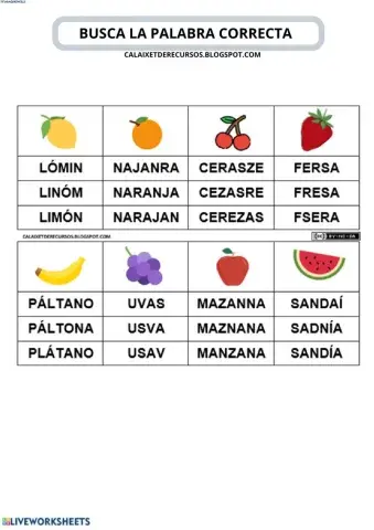 Busca la palabra correcta (frutas