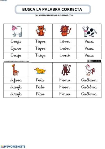 Busca la palabra correcta (animales minuscula)