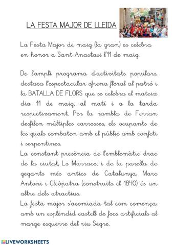 Comprensió lectora Festa Major Lleida